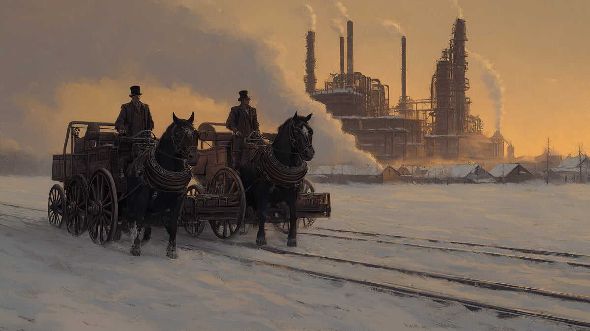 Oil painting style wallpaper showing horse carriages in snow before industrial factory chimneys in ochre and gray tones