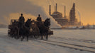 Oil painting style wallpaper showing horse carriages in snow before industrial factory chimneys in ochre and gray tones