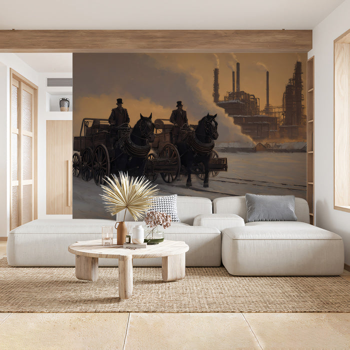 Moody industrial winter mural installed in a masculine home office with dark leather furniture