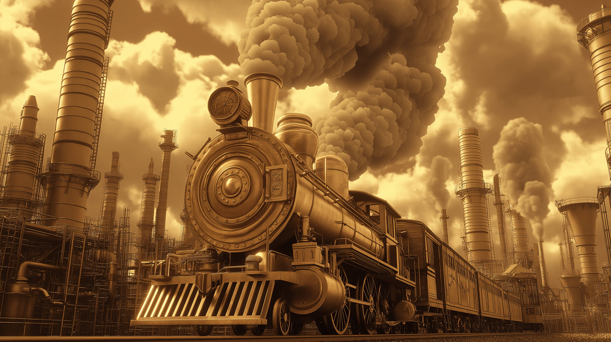 Golden Steam Locomotive Mural Wallpaper | Monumental Industrial Art