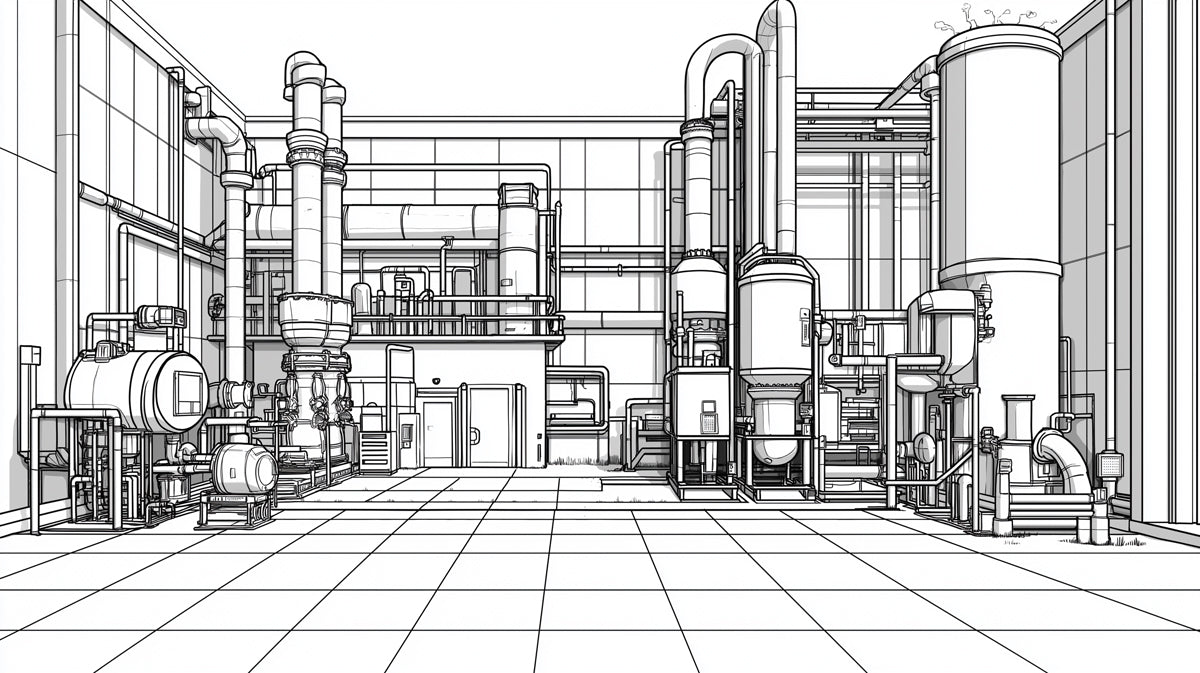 Industrial Complex Line Art Mural Wallpaper | Minimalist Architectural Blueprint Scene