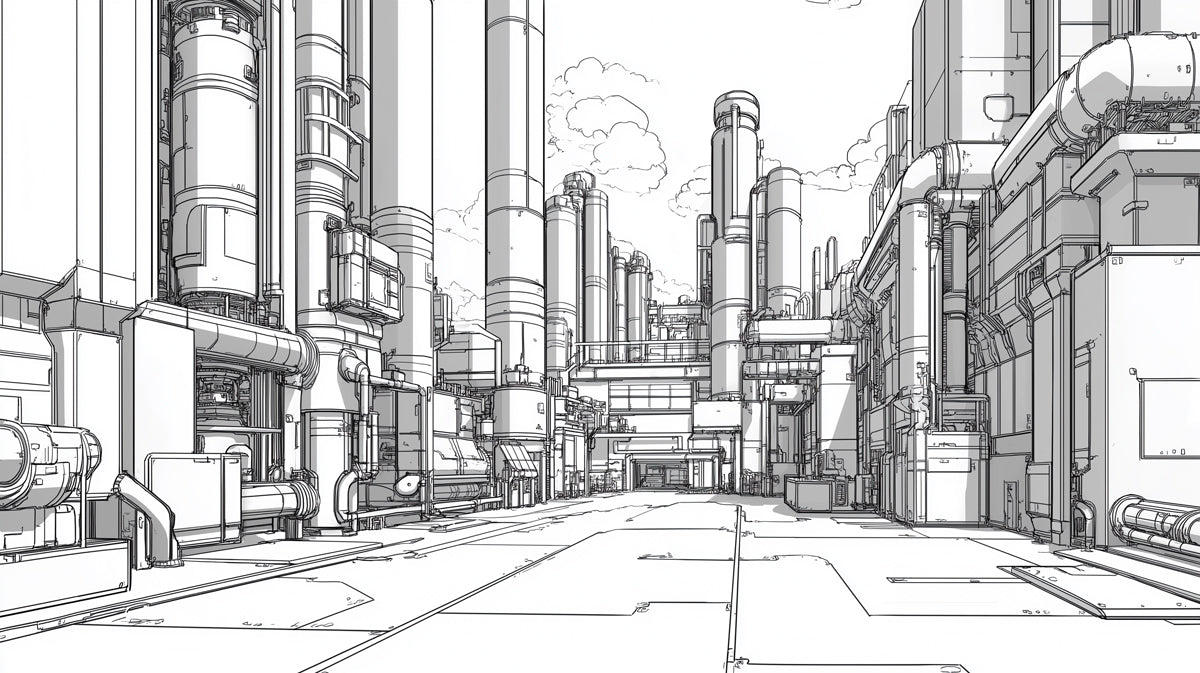 Line art of a futuristic city street with tall buildings and pipes.