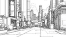 Line art of a futuristic city street with tall buildings and pipes.