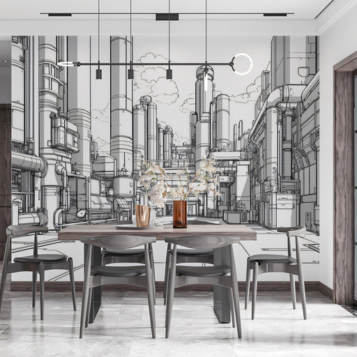Dining room with a table and chairs, featuring a cityscape design on the wall.