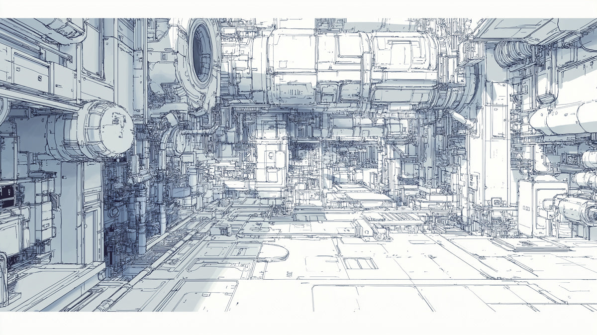 Futuristic Industrial Blueprint Mural Wallpaper | Sci-Fi Architectural Line Art