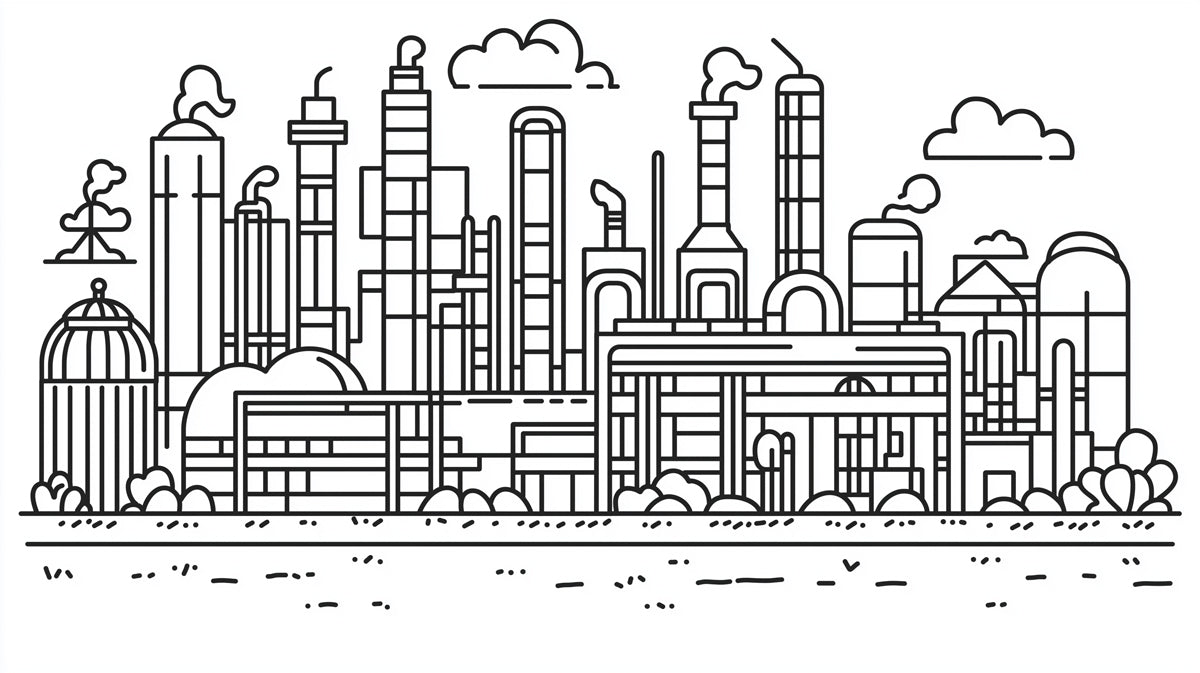 Minimalist Industrial Skyline Mural Wallpaper | Clean Line Art Factory Landscape