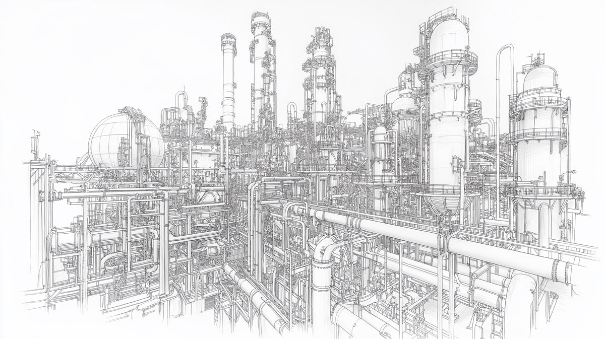 Panoramic Industrial Complex Sketch Mural Wallpaper | Detailed Urban Factory Illustration