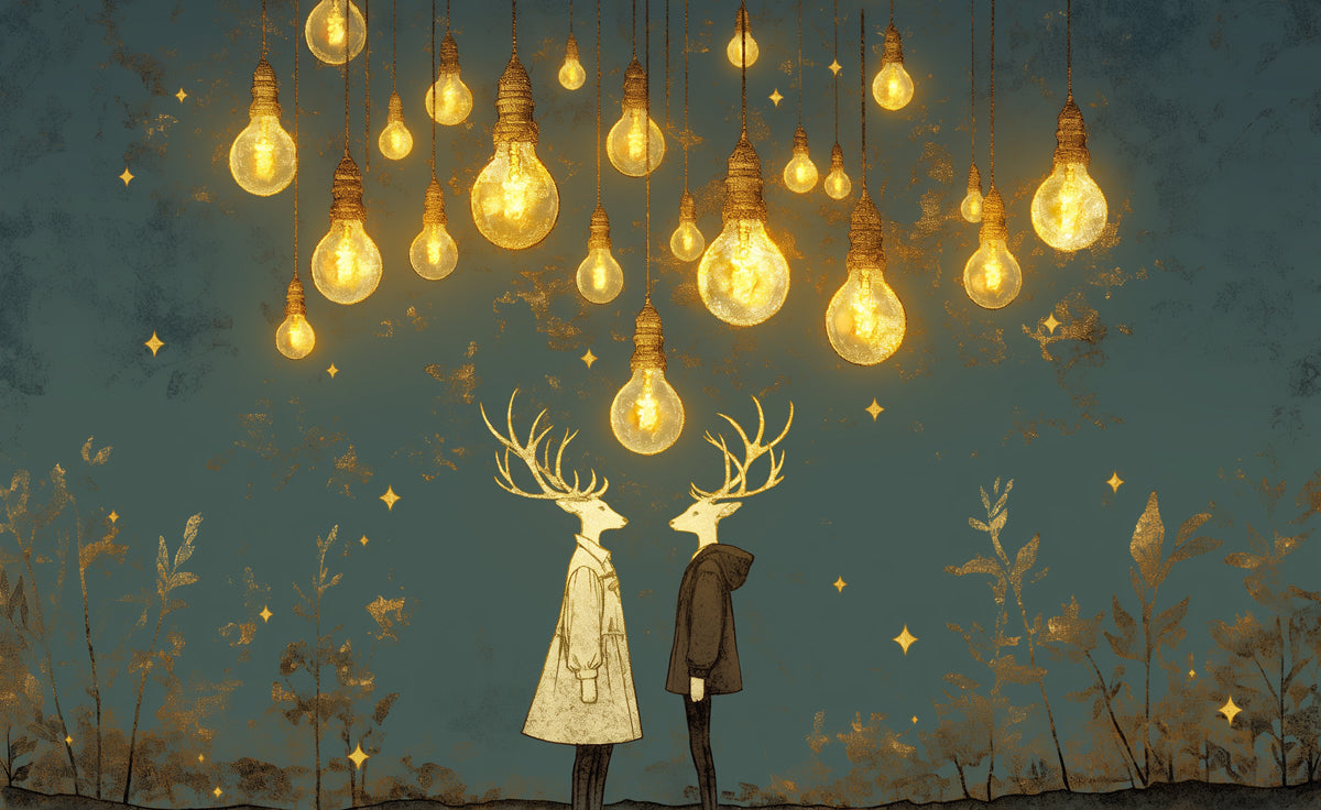Golden Bulb and Deer Mural Wallpaper | Teal Gold and Brown Deer