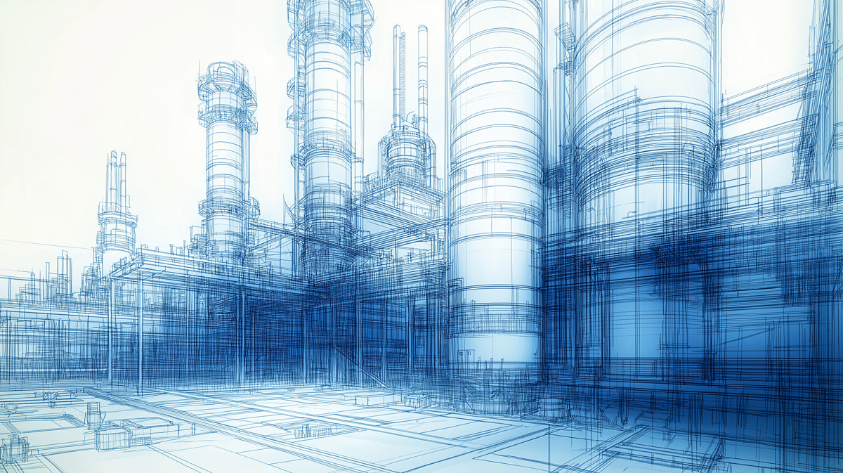 Blueprint Industrial Complex Mural Wallpaper | Abstract Architectural Line Art in Blue