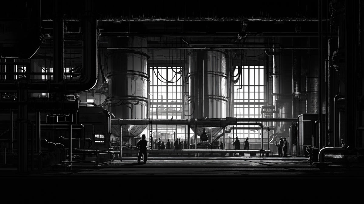 Moody Industrial Interior Mural Wallpaper | Gritty Monochrome Factory Scene