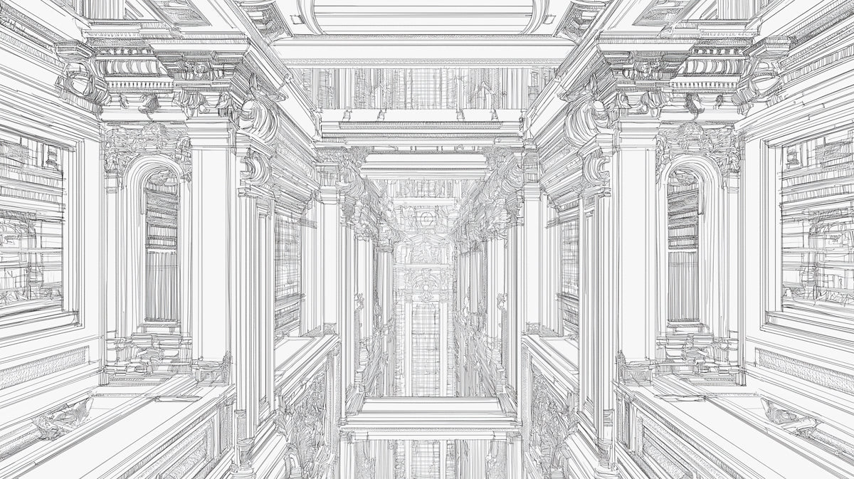 Grand Classical Architecture Line Art Mural Wallpaper | Detailed Palace Interior Sketch