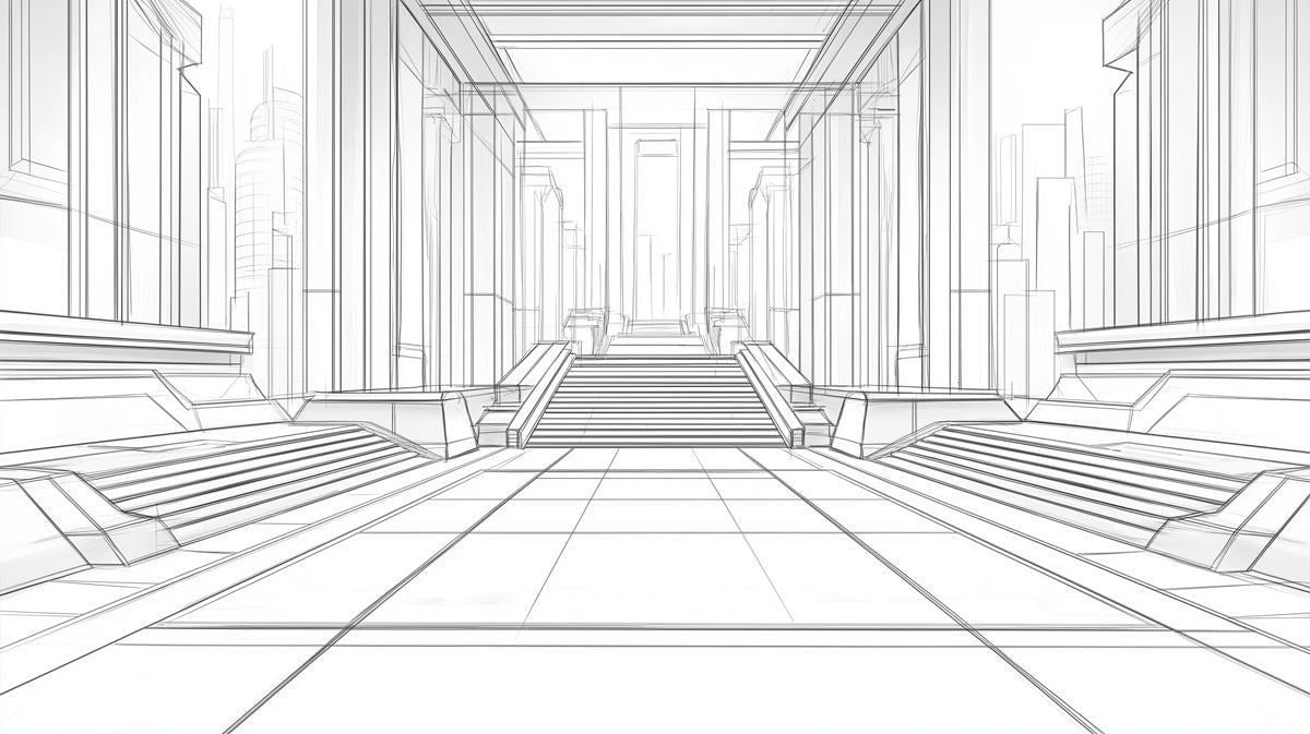 Grand Architectural Hallway Line Art Mural Wallpaper | Futuristic Palace Interior Sketch