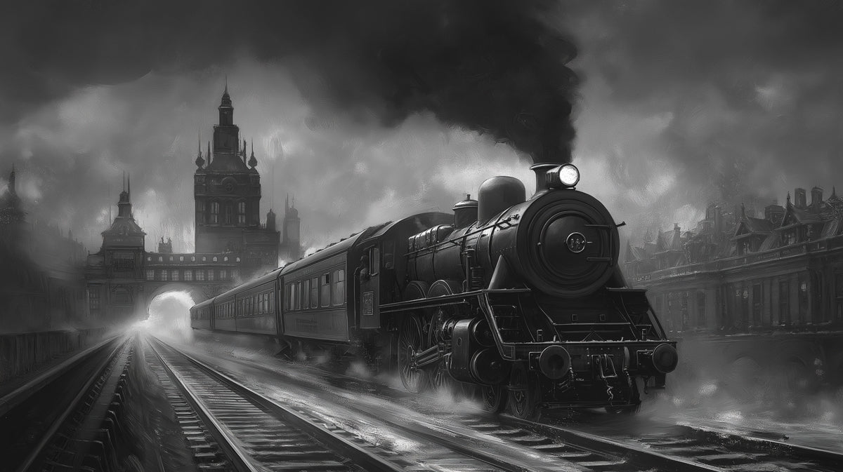 Vintage Steam Train Night Mural Wallpaper | Moody Monochrome Industrial Landscape