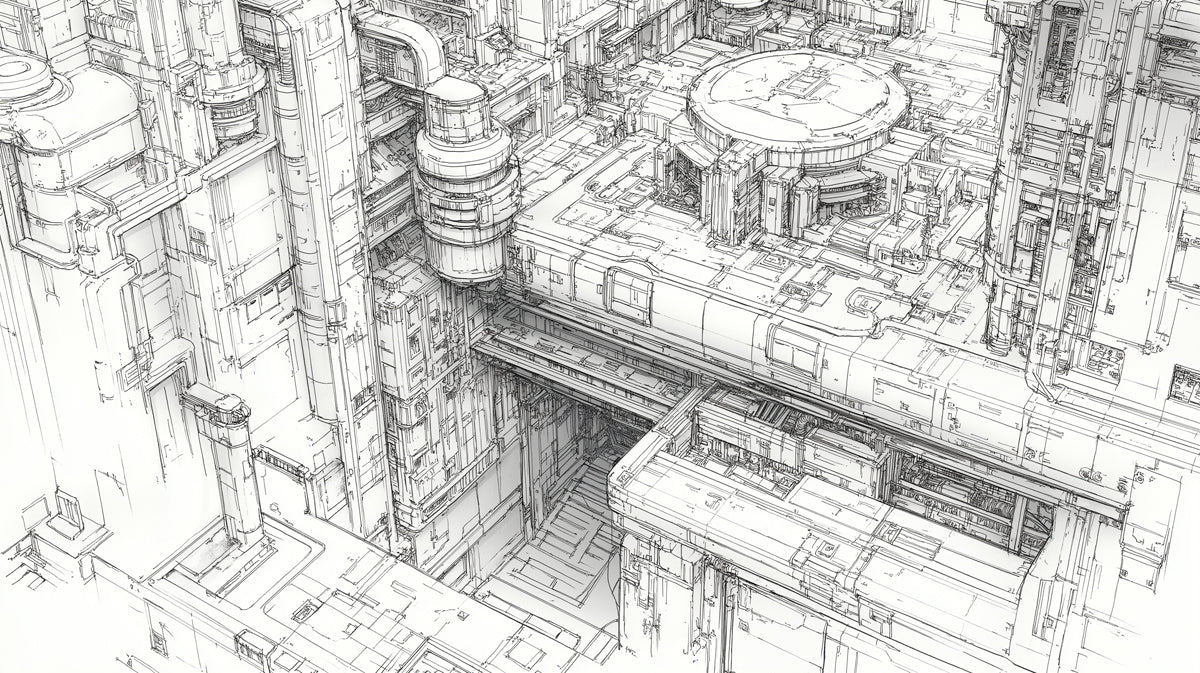 Abstract Industrial Cityscape Mural Wallpaper | Futuristic Architectural Line Art Detail