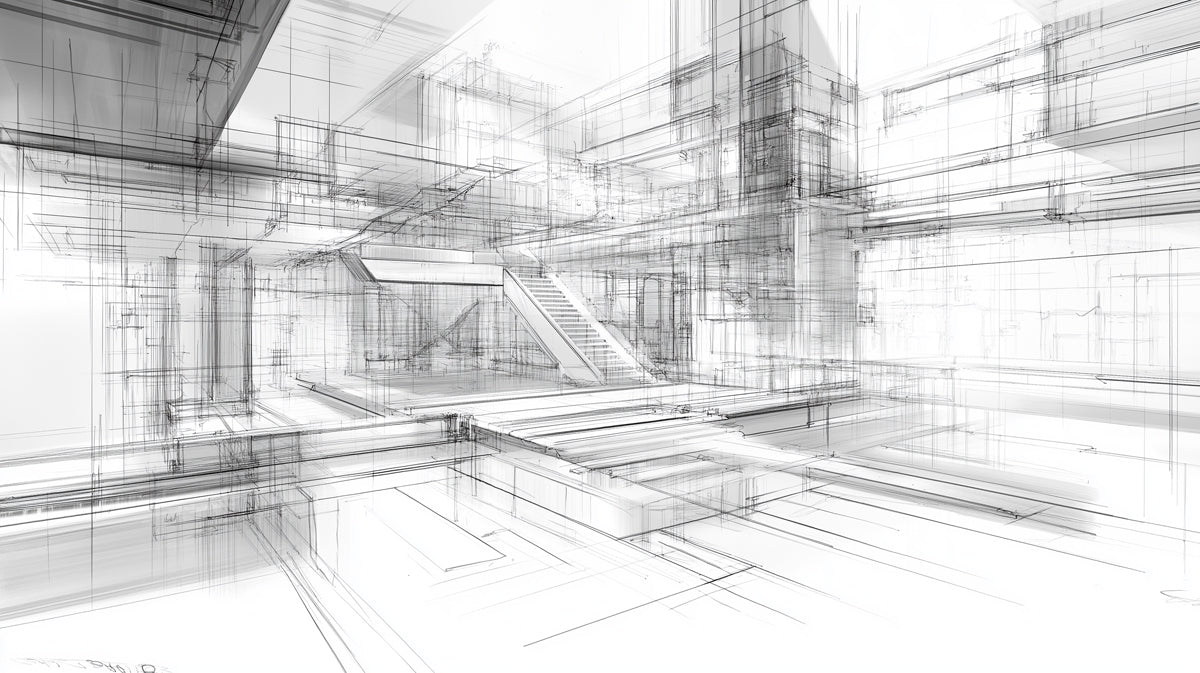Abstract Architectural Sketch Mural Wallpaper | Modern Interior Design Blueprint