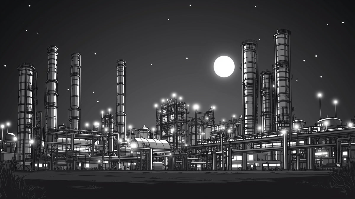 Industrial Nightscape Mural Wallpaper | Monochrome Factory with Glowing Lights