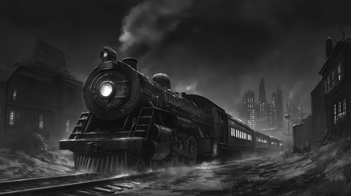 Moody Steam Train Night Mural Wallpaper | Classic Monochrome Urban Landscape