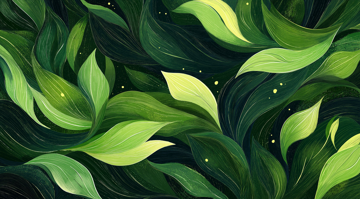 Murale di carta da parati con fogliame verde astratto | Arte di foglie texture rigogliose con bagliore sottile