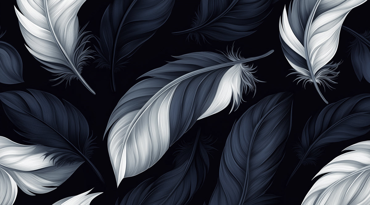 Abstract Dark Blue Feather Mural Wallpaper | Moody Flowing Art with White Accents
