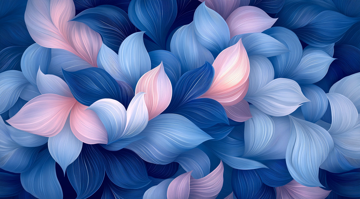 Papel tapiz mural floral abstracto azul y rosa | Arte de pétalos superpuestos onírico