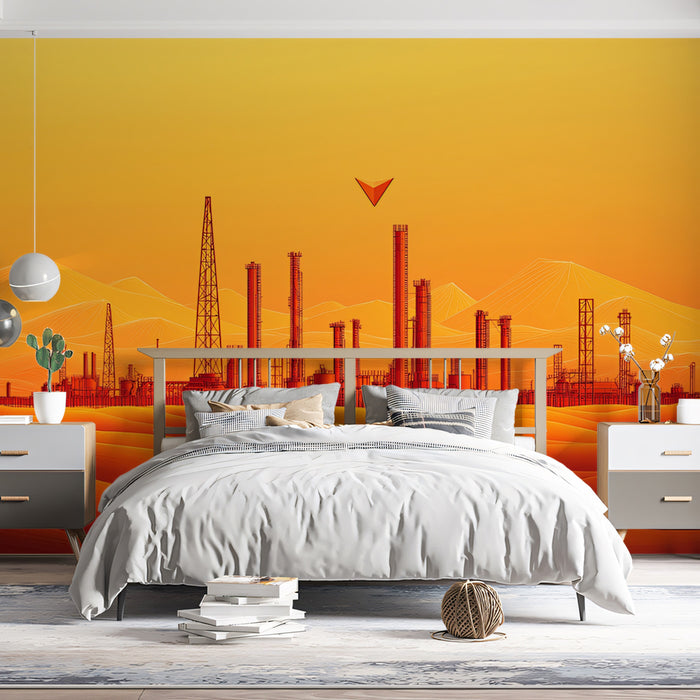 Abstract Desert Oil Refinery Mural Wallpaper | Stylized Industrial Landscape with Warm Tones