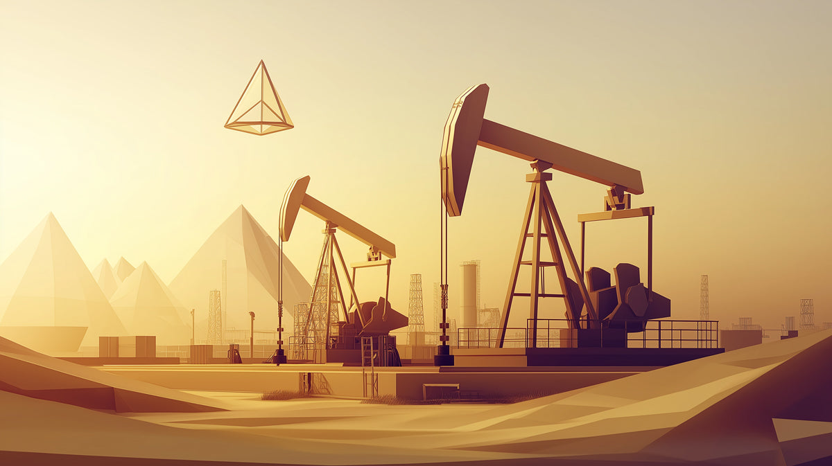 Abstract Desert Oil Rigs Mural Wallpaper | Stylized Industrial Landscape with Pyramids