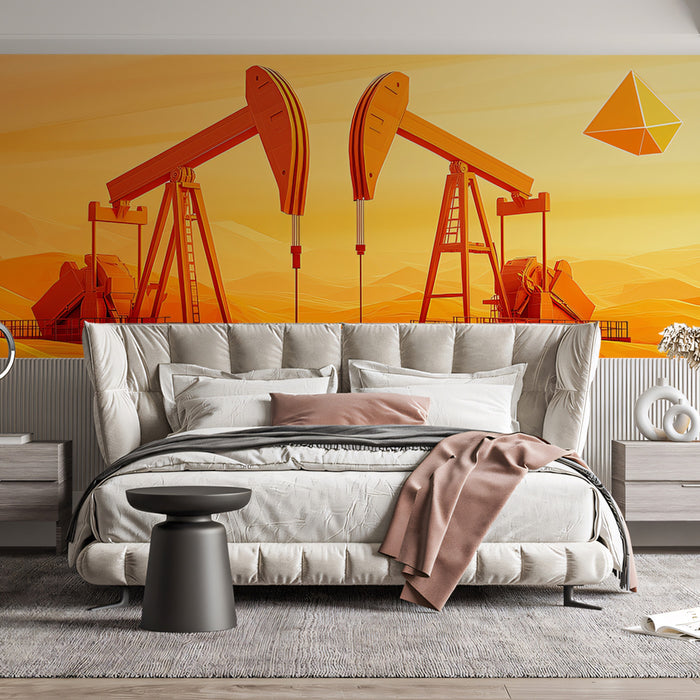 Abstract Desert Pumpjacks Mural Wallpaper | Stylized Oil Field Landscape