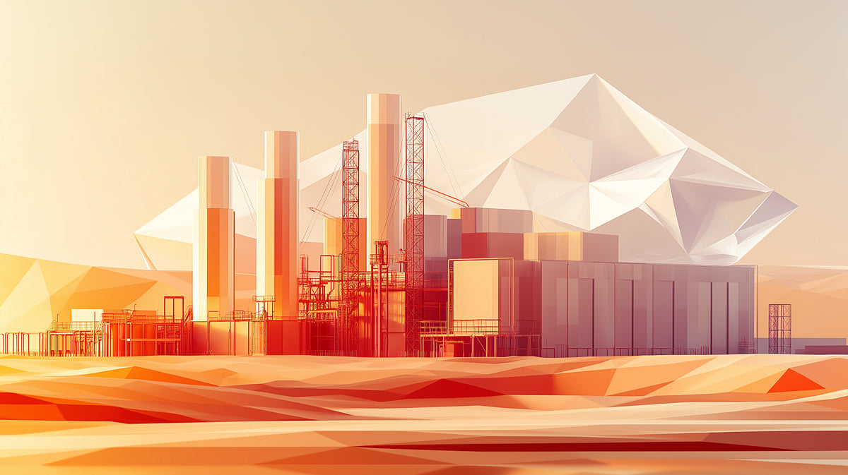 Abstract Industrial Pyramid Landscape Mural Wallpaper | Stylized Factory with Geometric Mountains