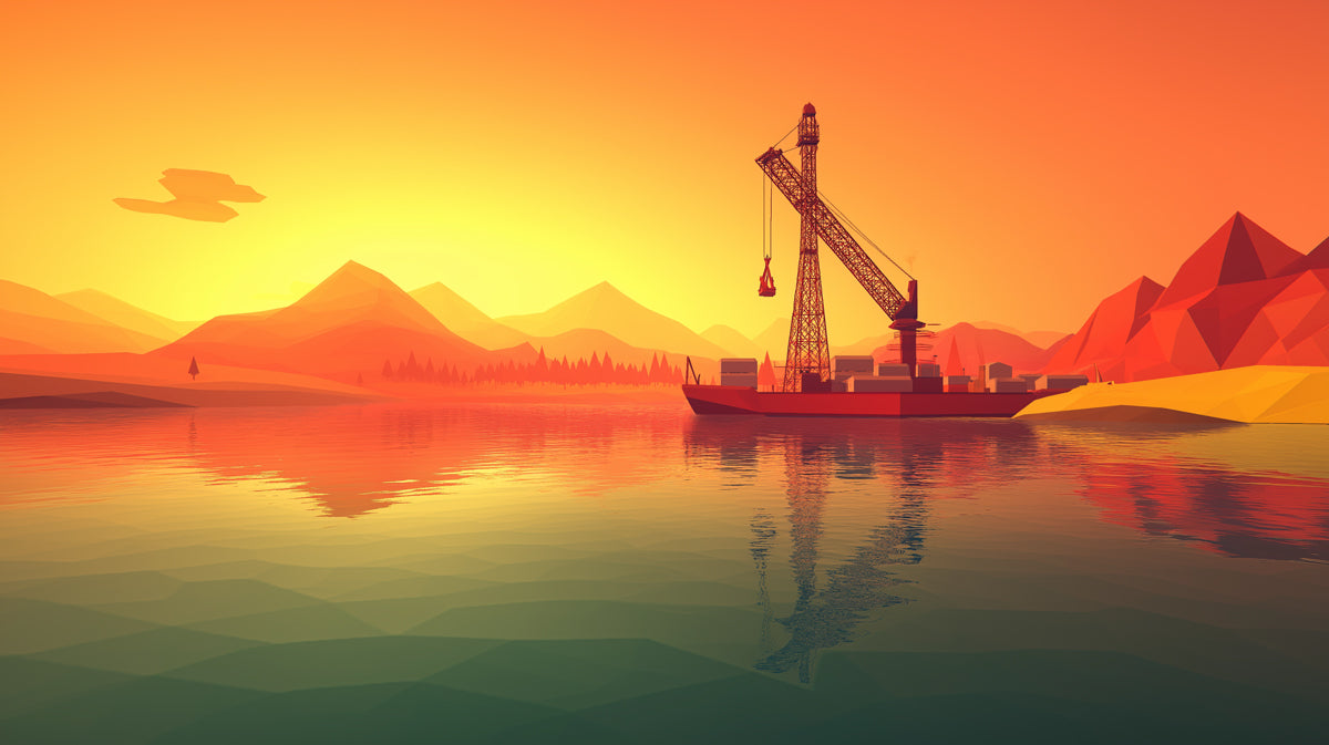 Abstract Industrial Port Sunset Mural Wallpaper | Stylized Ship & Crane Landscape