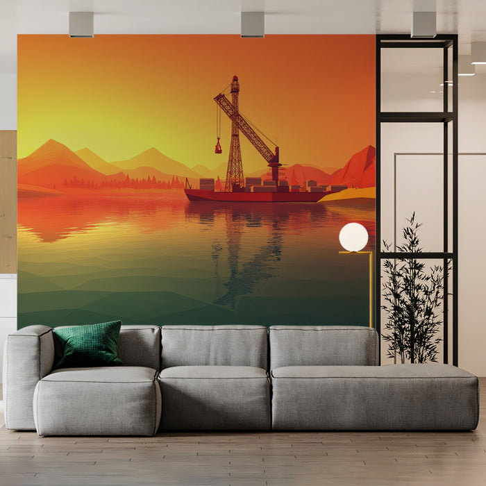 Abstract Industrial Port Sunset Mural Wallpaper | Stylized Ship & Crane Landscape