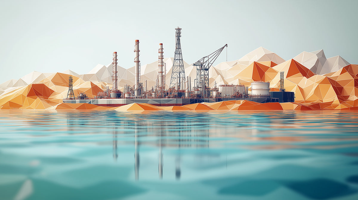 Abstract Coastal Industrial Complex Mural Wallpaper | Stylized Factory with Mountains & Ocean