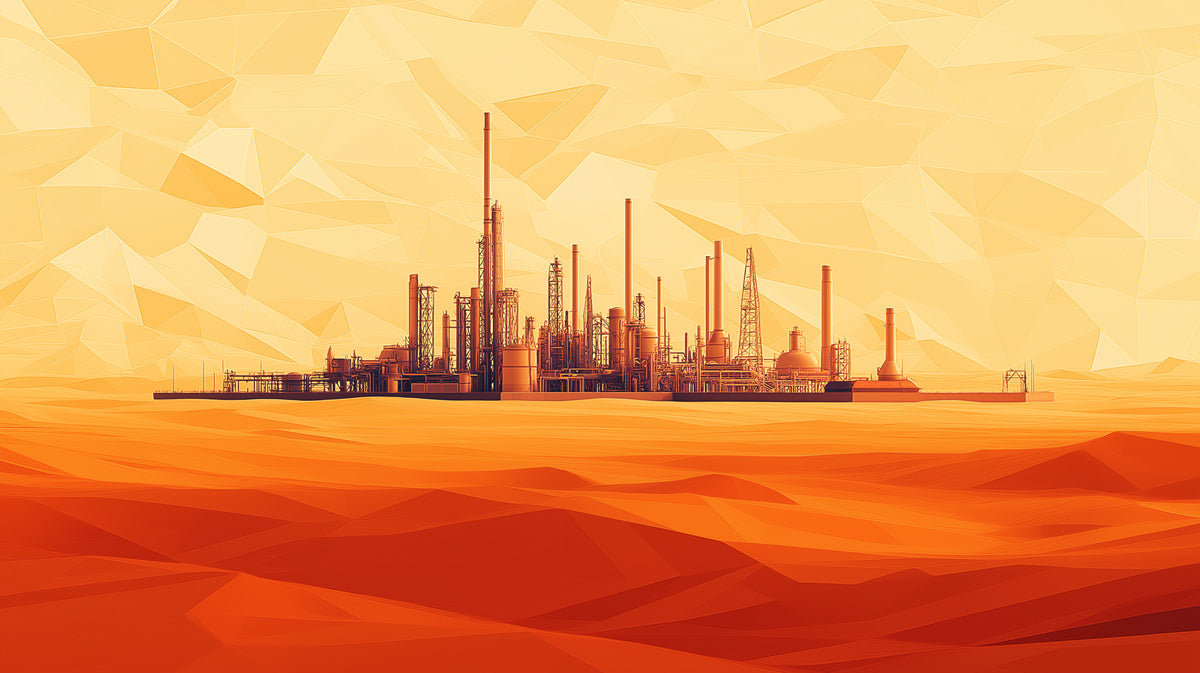 Abstract Desert Industrial City Mural Wallpaper | Stylized Factory Landscape with Warm Tones
