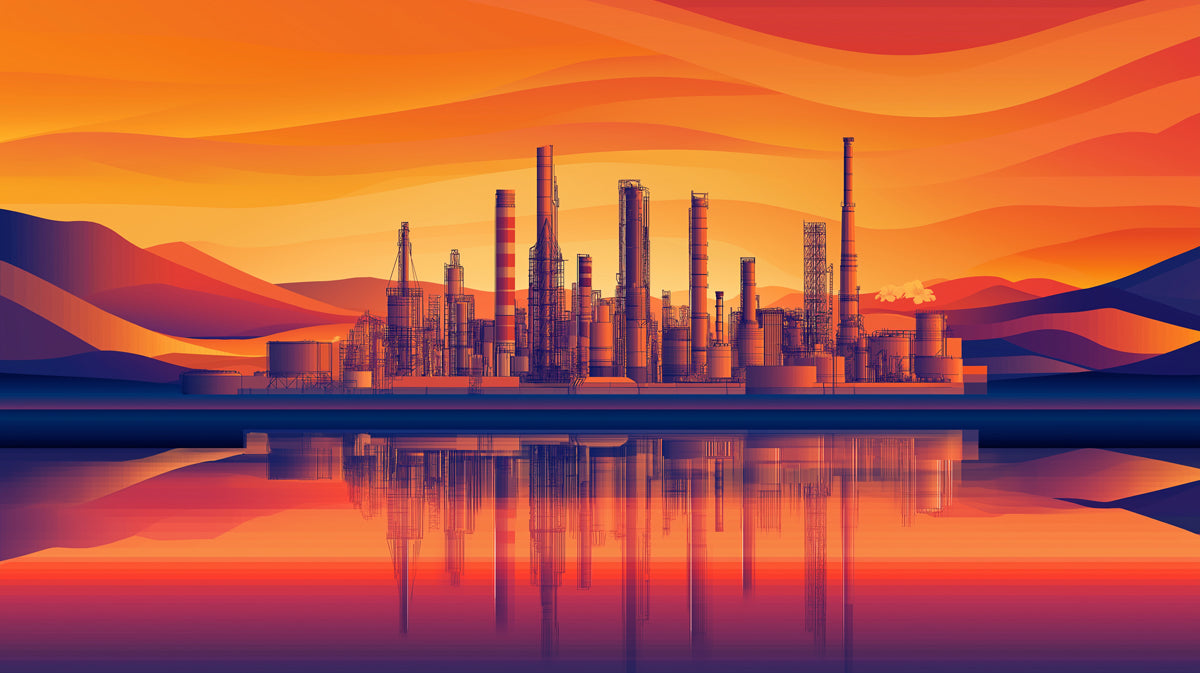 Abstract Industrial Sunset Mural Wallpaper | Vibrant Factory & Water Reflections