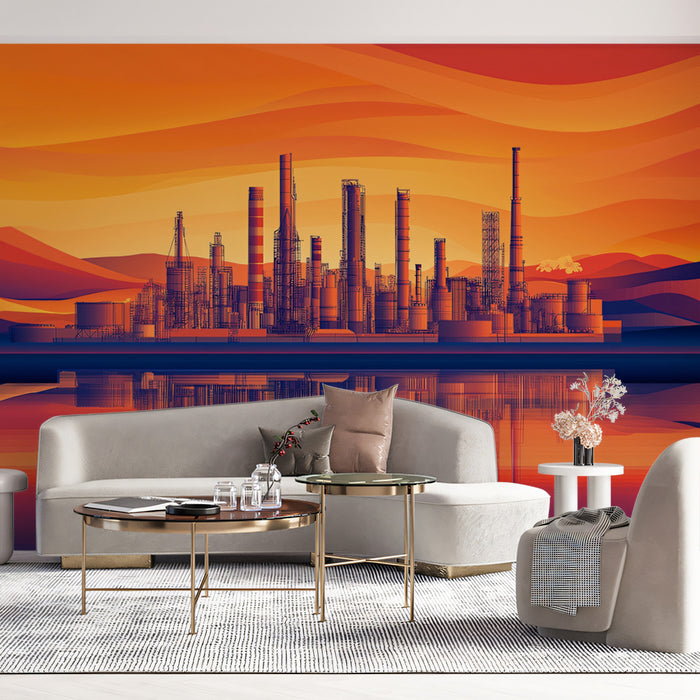Abstract Industrial Sunset Mural Wallpaper | Vibrant Factory & Water Reflections