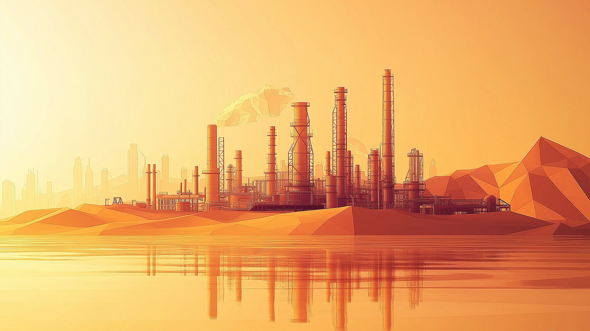 Papel tapiz mural de refinería de petróleo en el desierto abstracto | Paisaje industrial estilizado al atardecer