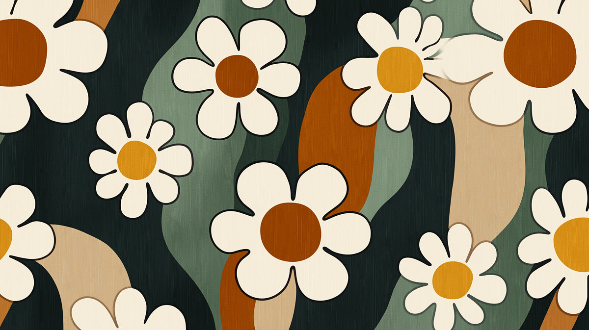 Retro Daisy Flower Pattern Mural Wallpaper | Groovy Floral Design with Organic Waves