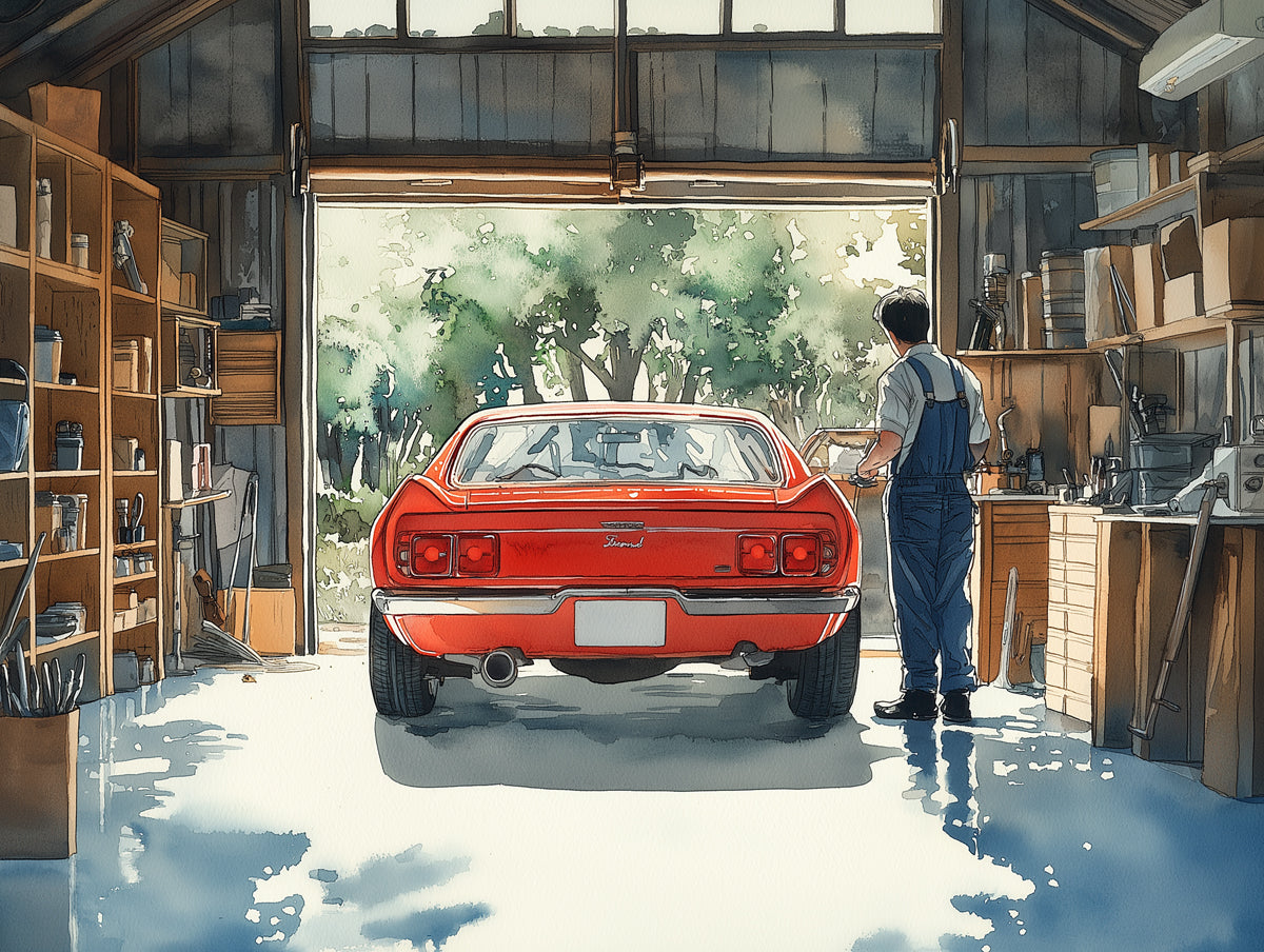 Papel tapiz mural de escena de garaje de coches clásicos | Arte de restauración de autos vintage