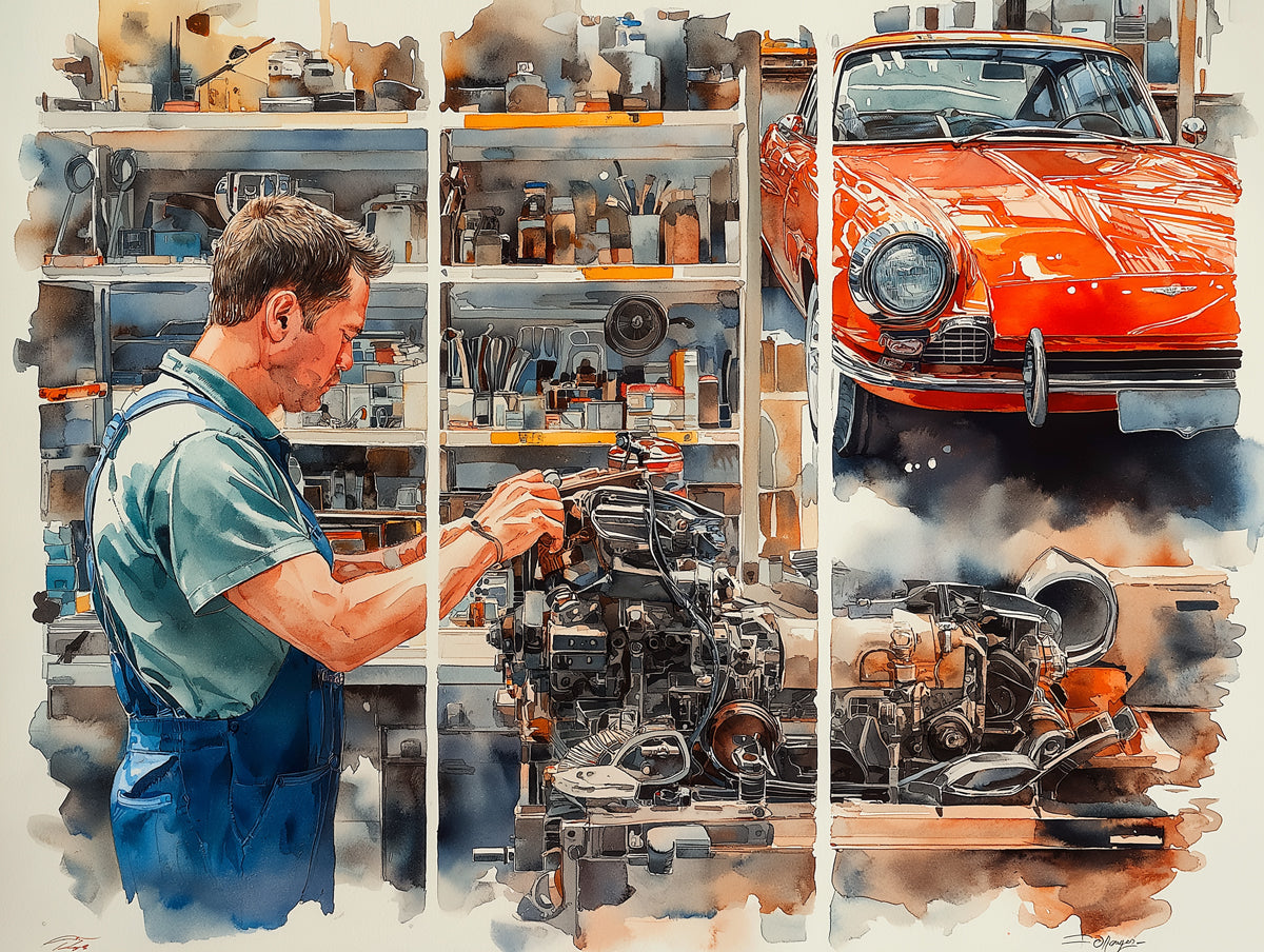 Mechanic at Work Mural Wallpaper | Classic Car Restoration Art Split Panel