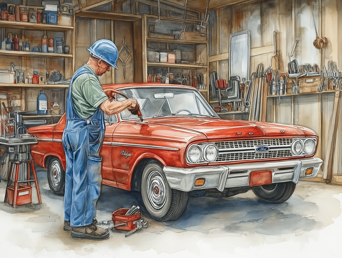 Classic Car Restoration Scene in a Wood-Paneled Garage Mural Wallpaper | Detailed Watercolor Illustration