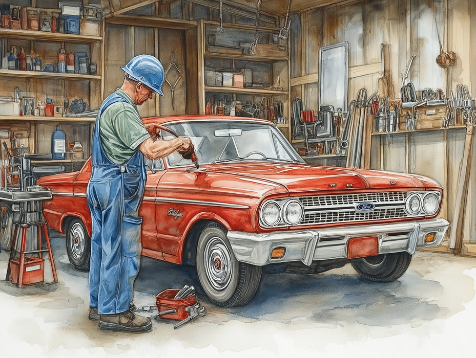 Classic Car Restoration Scene in a Wood-Paneled Garage Mural Wallpaper | Detailed Watercolor Illustration