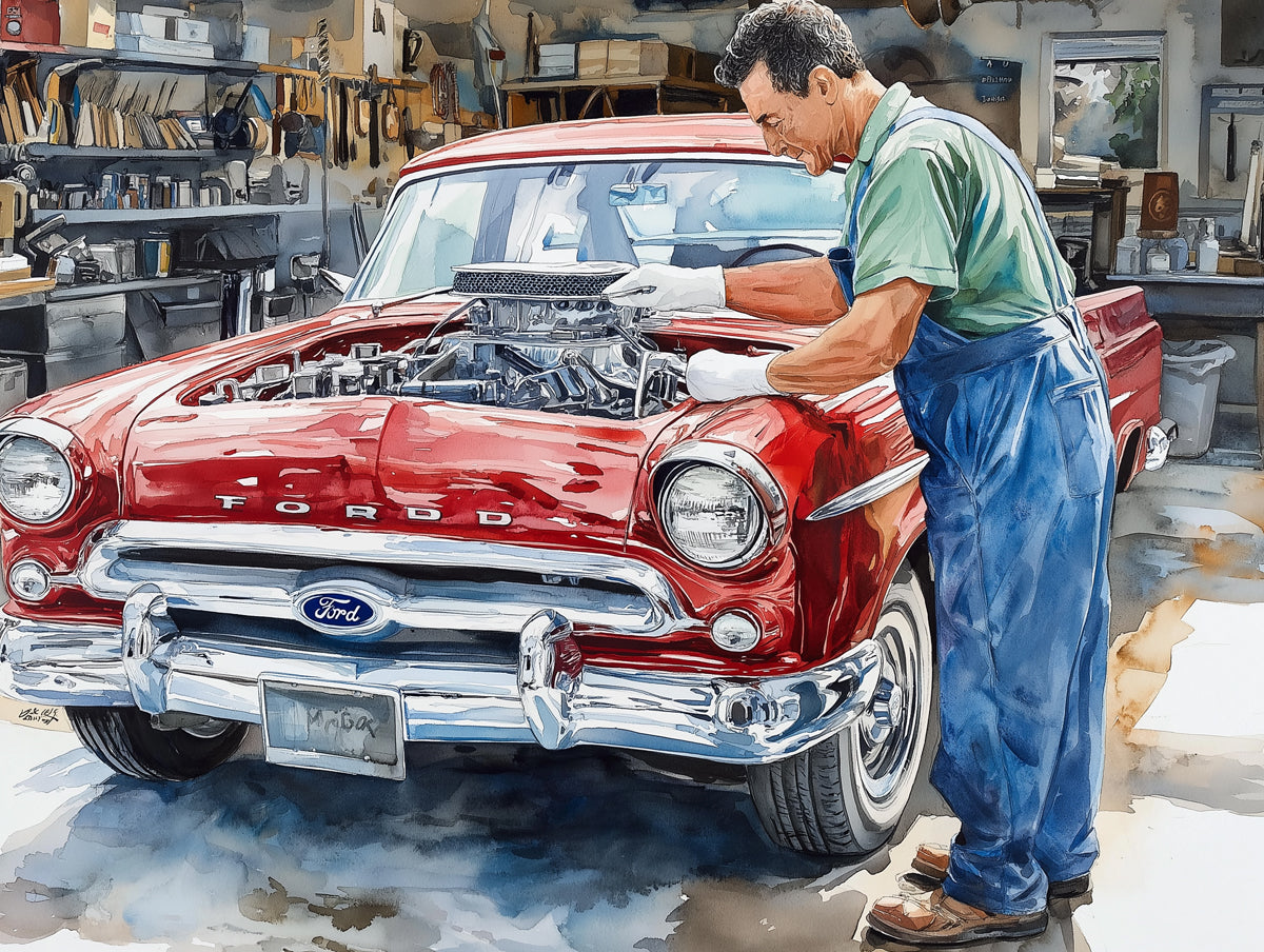 Classic Ford Engine Repair in a Detailed Garage Mural Wallpaper | Vintage Automotive Art