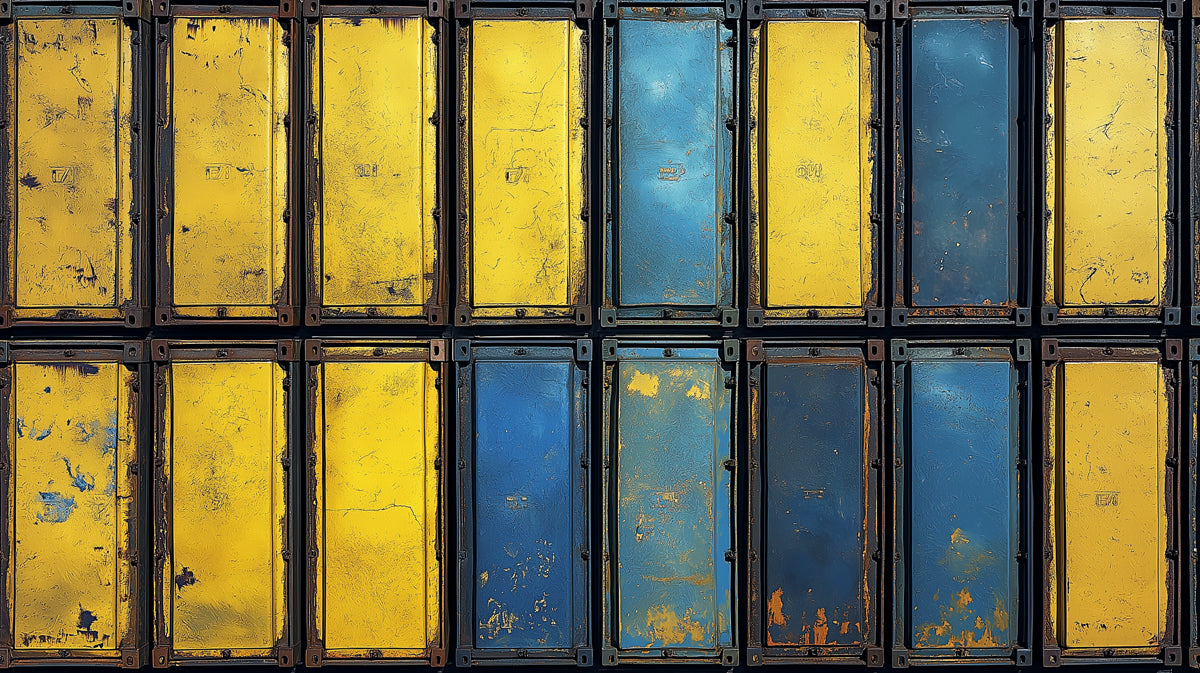 Distressed Industrial Container Panel Mural Wallpaper | Weathered Yellow and Blue Texture
