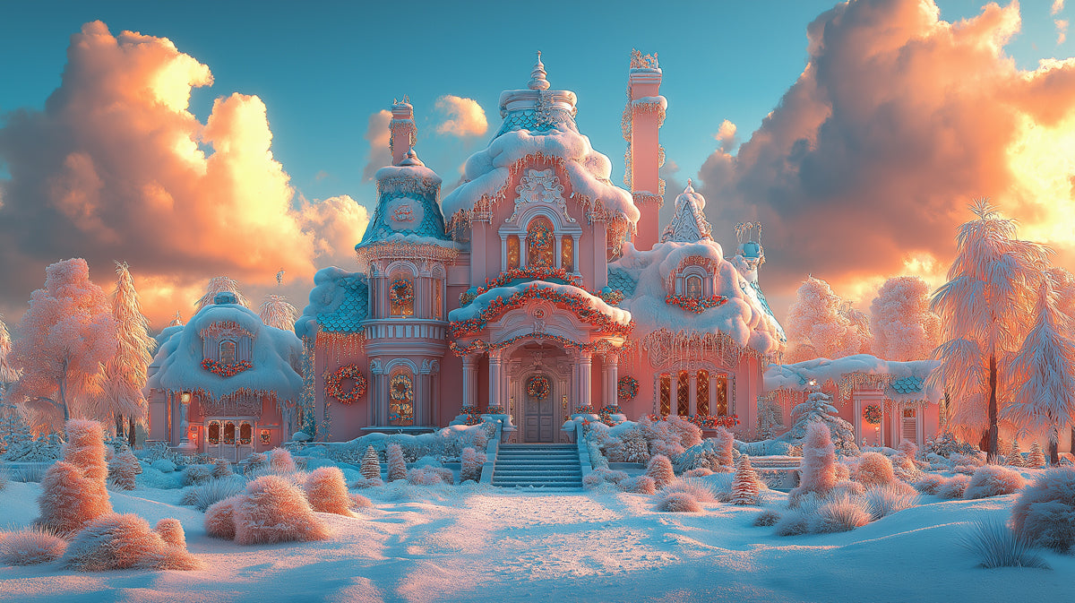 Whimsical Pink Gingerbread House in a Snowy Winter Wonderland Mural Wallpaper | Fantasy Christmas Art