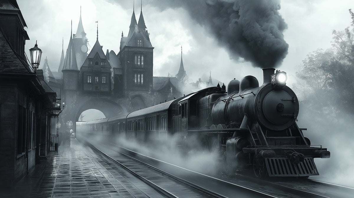 Mysterious Steampunk Train at a Victorian Station Mural Wallpaper | Vintage Fantasy Art