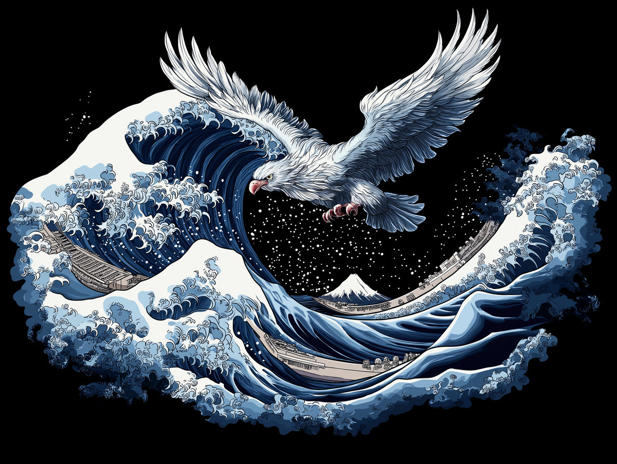 Striking Bald Eagle and Japanese Great Wave Art Mural Wallpaper | High-Contrast Ocean Scene
