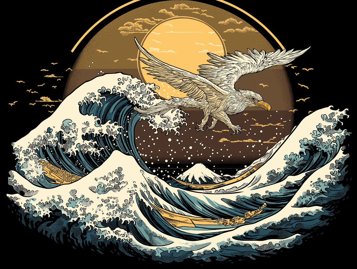 Japanese Ukiyo-e Style Eagle and Waves Mural Wallpaper | Vintage Coastal Art