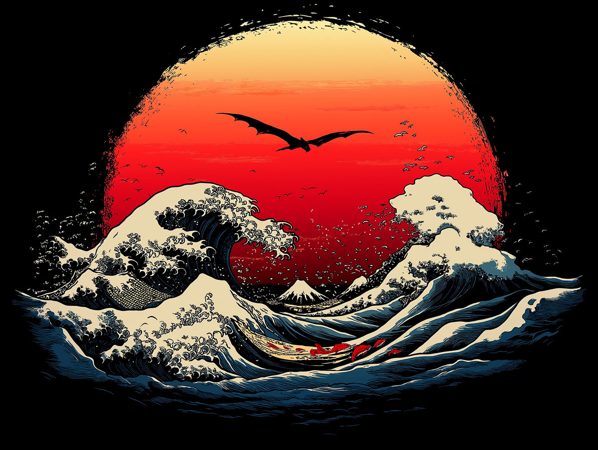 Japanese Ukiyo-e Great Wave with a Dragon Mural Wallpaper | Dramatic Sunset Art