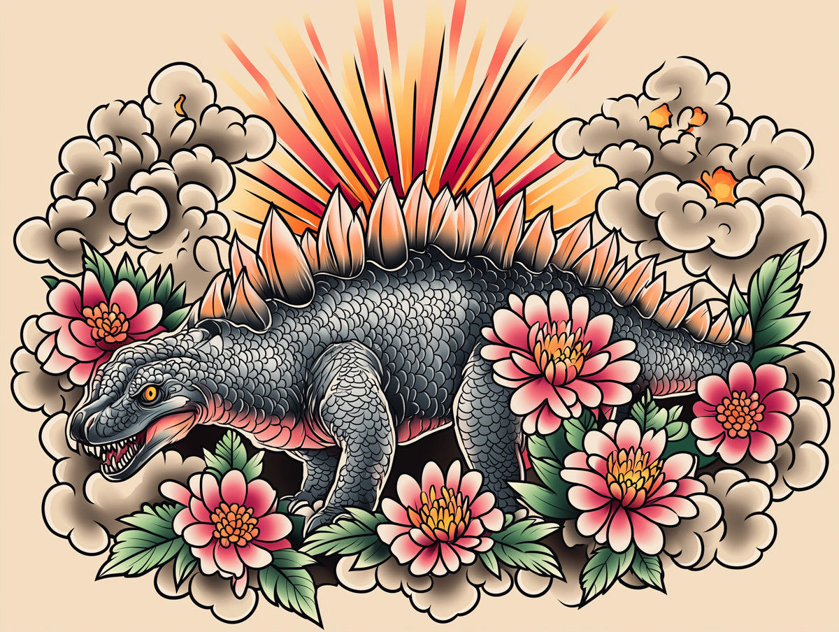Neo-Traditional Tattoo Stegosaurus Floral Mural Wallpaper | Edgy Dinosaur Art