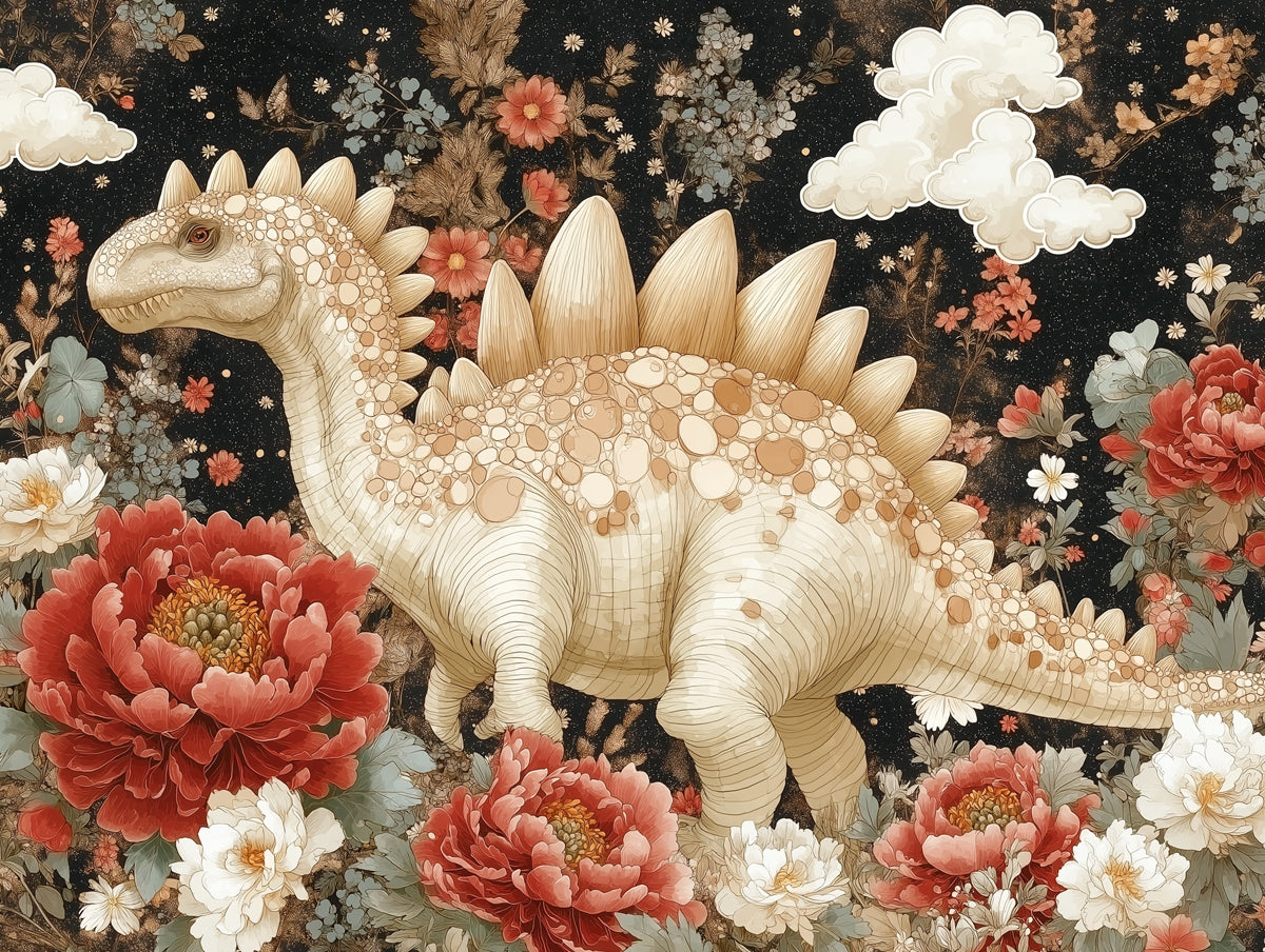 Vintage Floral Garden with a Gentle Stegosaurus Mural Wallpaper | Whimsical Dinosaur Illustration