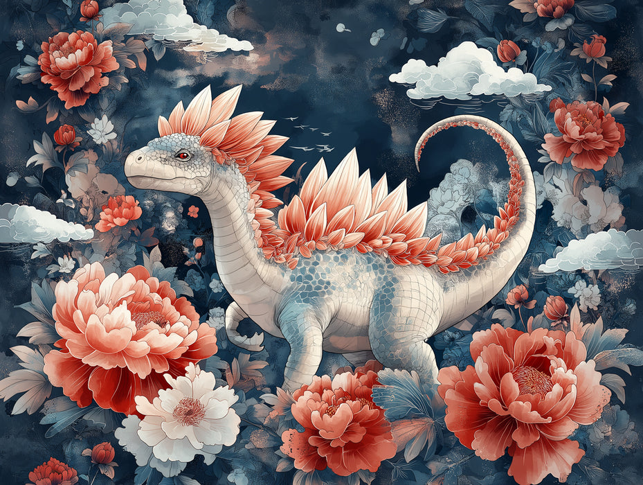 Stegosaurus in a Magical Floral Field Mural Wallpaper | Fantasy Dinosaur Art